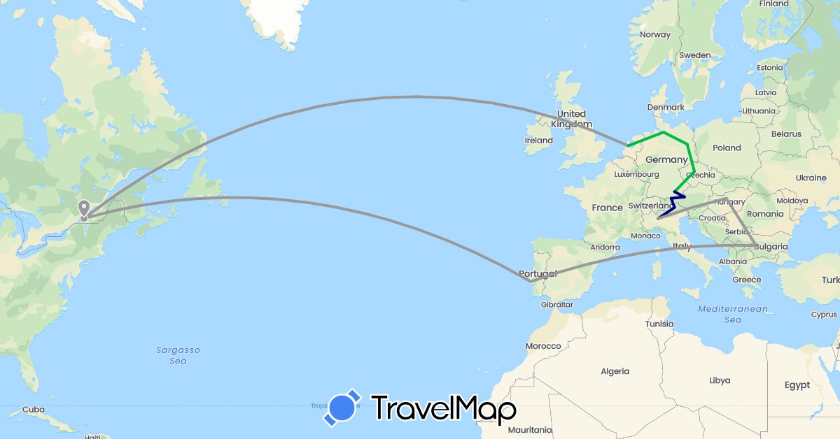 TravelMap itinerary: driving, bus, plane in Bulgaria, Canada, Czech Republic, Germany, Hungary, Italy, Netherlands, Portugal (Europe, North America)